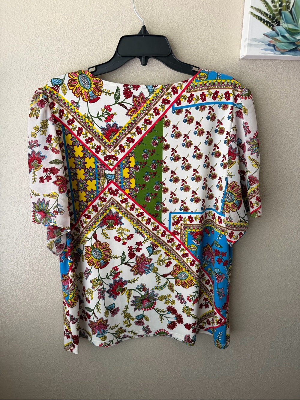 Calvin Klein Women’s Patchwork Blouse Floral Short Sleeve Top Multicolor  XL - Picture 2 of 8